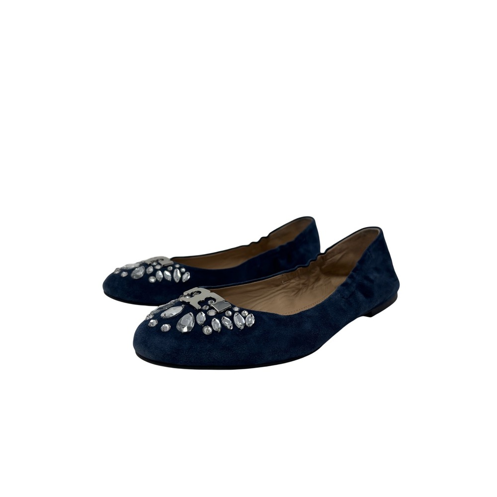 Tory Burch Navy Blue Suede Crystal Embellished Women's Bejeweled Ballet Flats 10